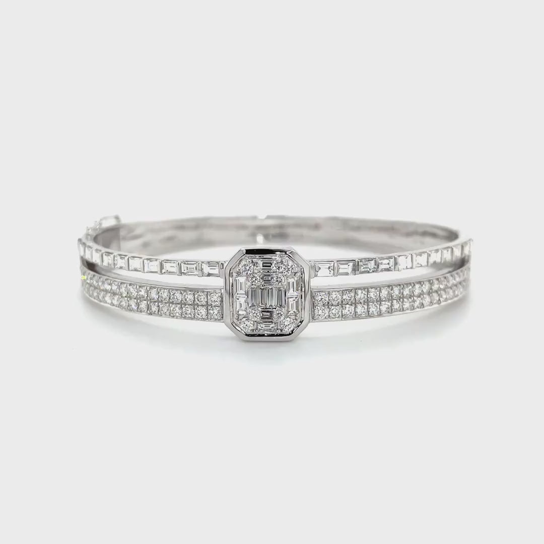 Two-Row Bezel-Set Square Pavé and Baguette Diamond Bangle in White Gold Diamonds House