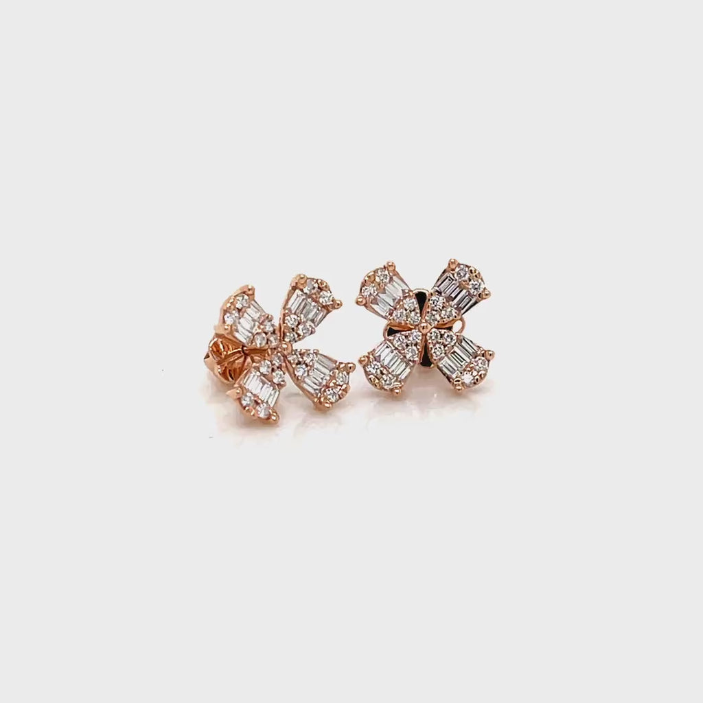 Four-Petal Baguette Diamond Stud Earrings in Rose Gold Diamonds House