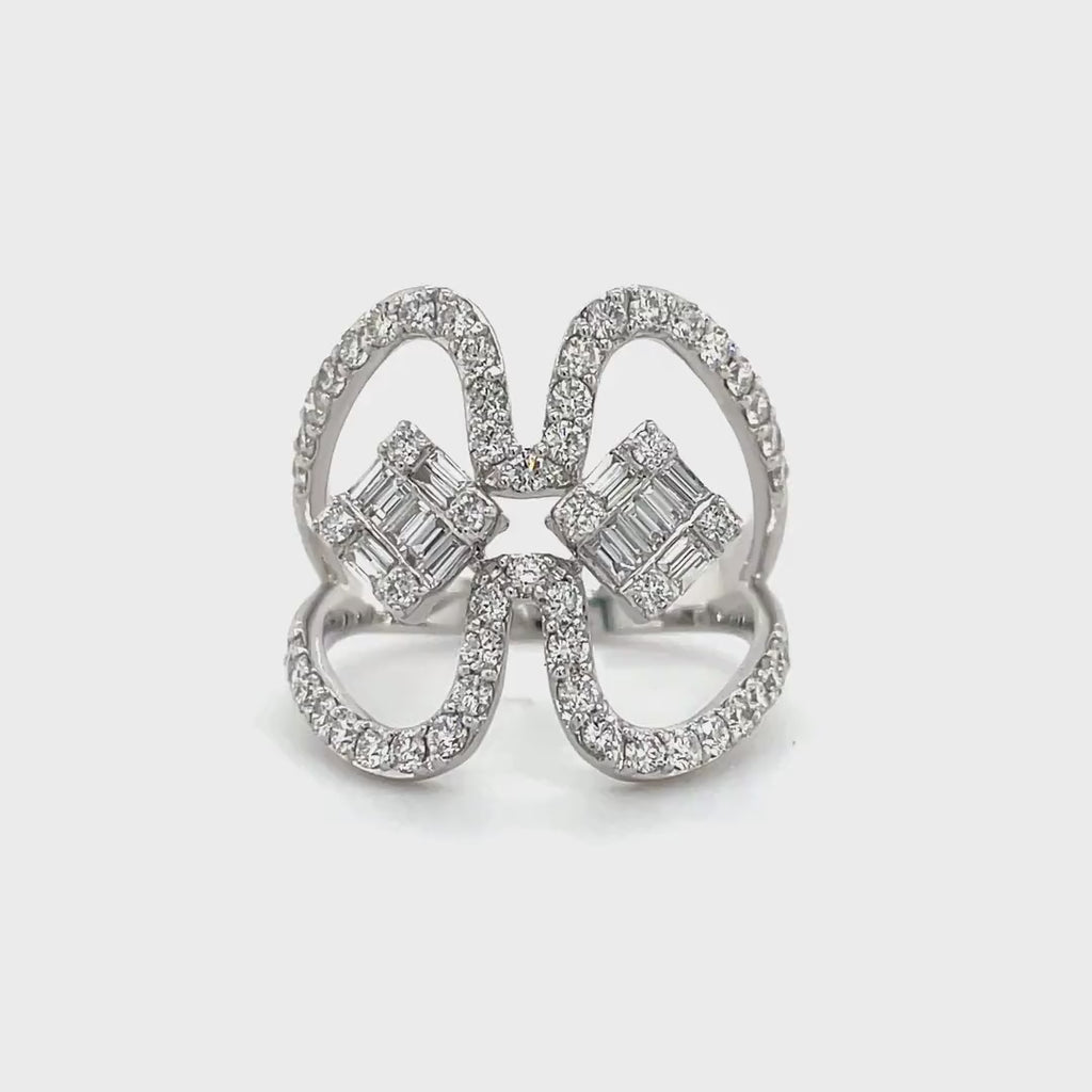 Quatrefoil Diamond Baguette Openwork Ring in White Gold Diamonds House