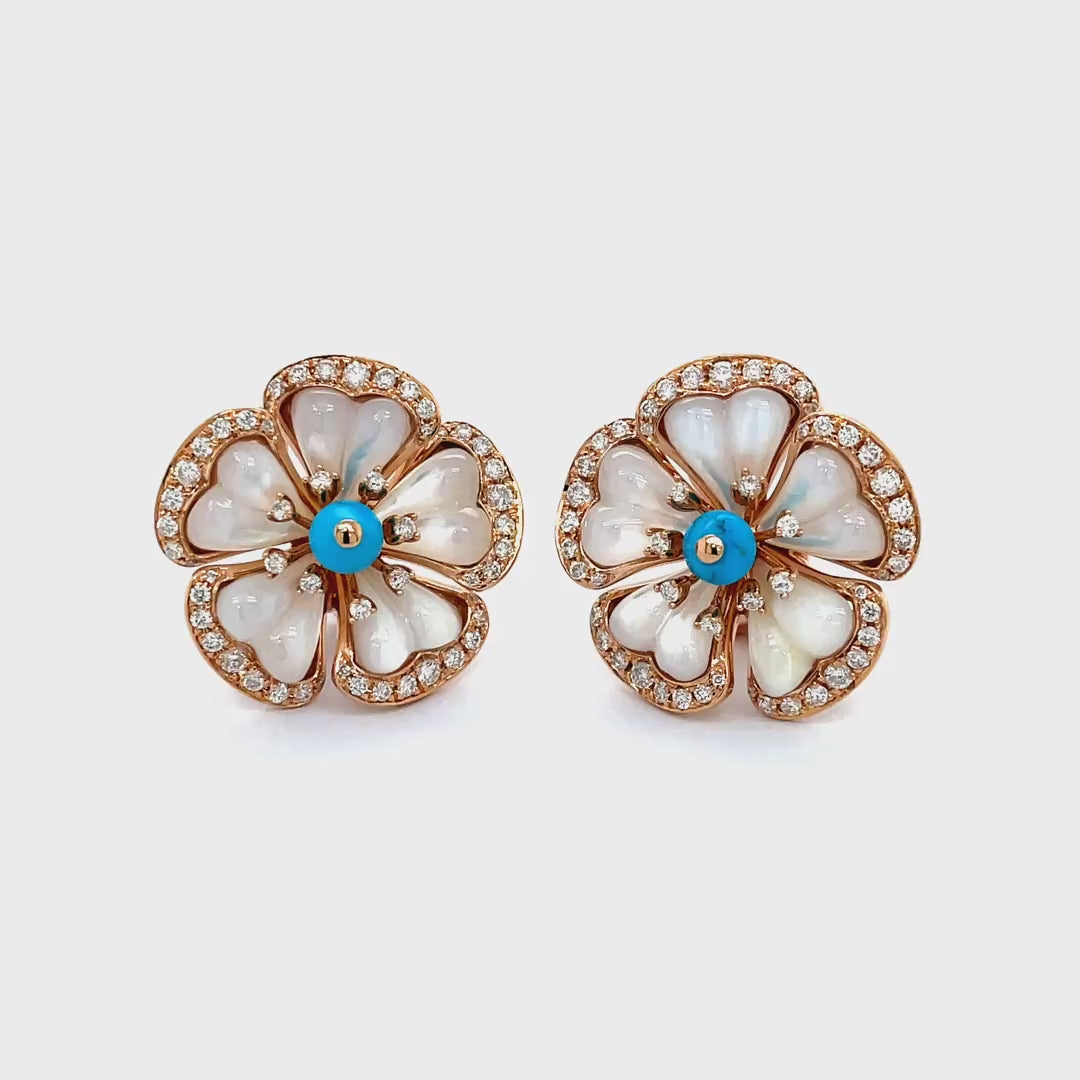 Mother of Pearl Flower Earring Studs with Turquoise Center and Diamond Accents Diamonds House