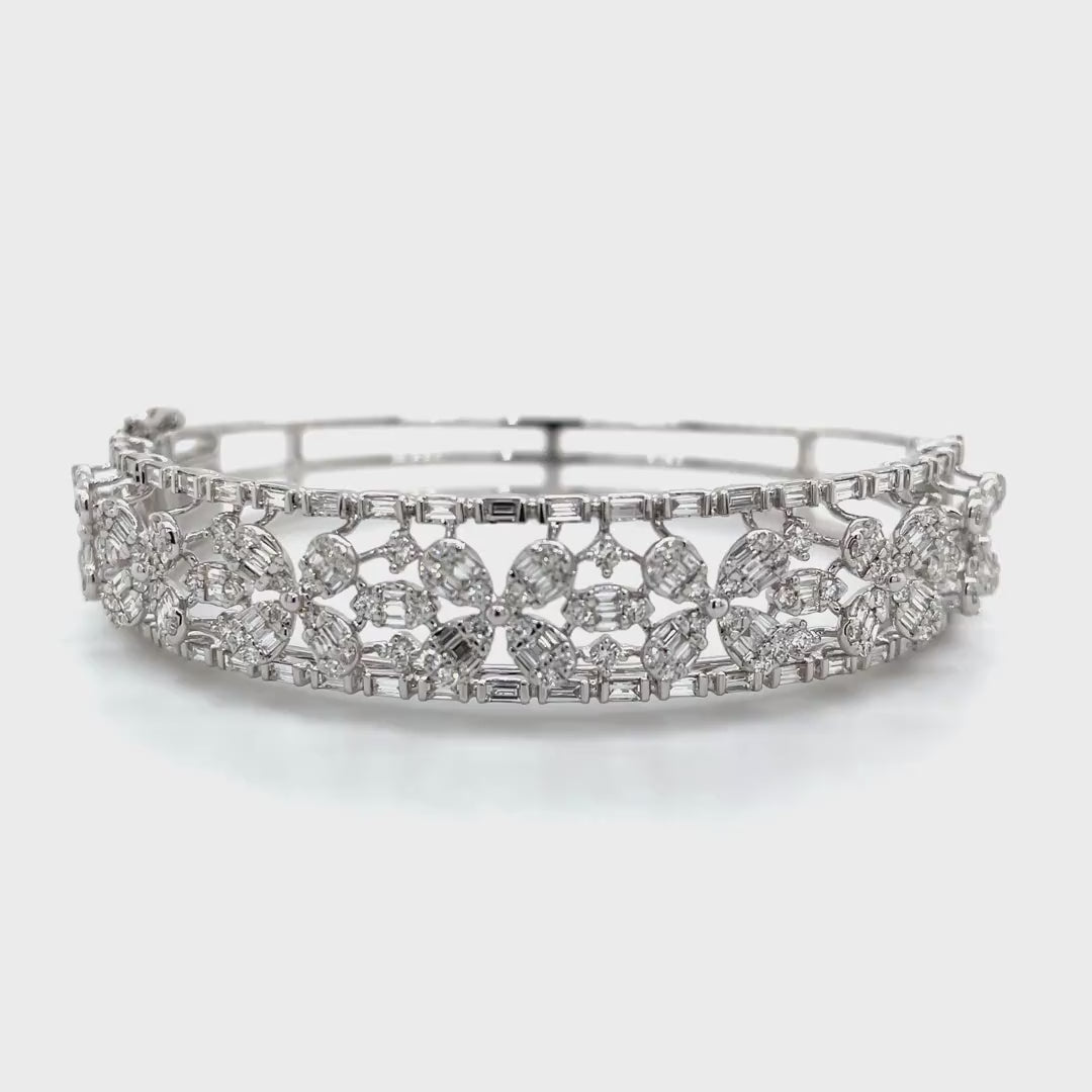 White Gold Floral Diamond Bangle with Intricate Openwork Design Diamonds House